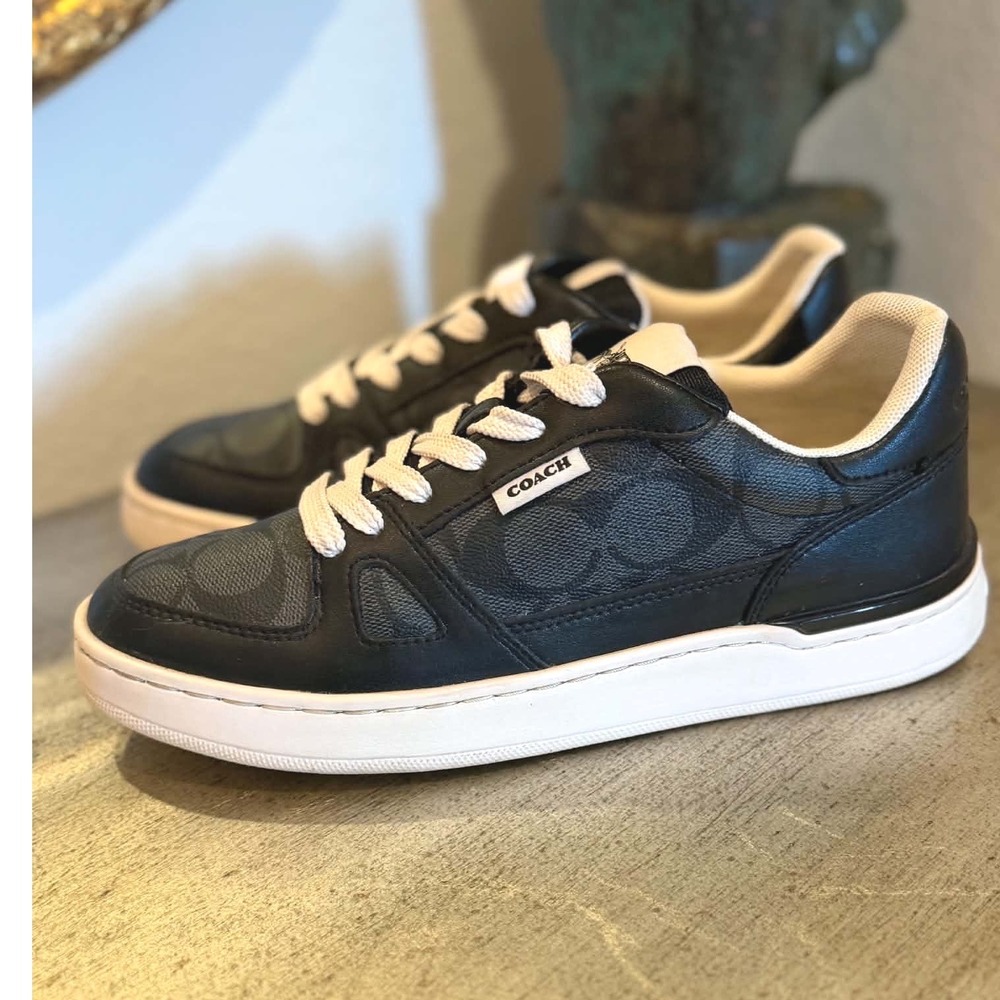 Coach Low Top Signature Jacquard Leather Sneakers Black Charcoal CM691 Mens 6B